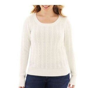 NEW Arizona White Cable-Knit Sweater Jr Plus Size 1X Long Sleeve Snowdrift Crew
